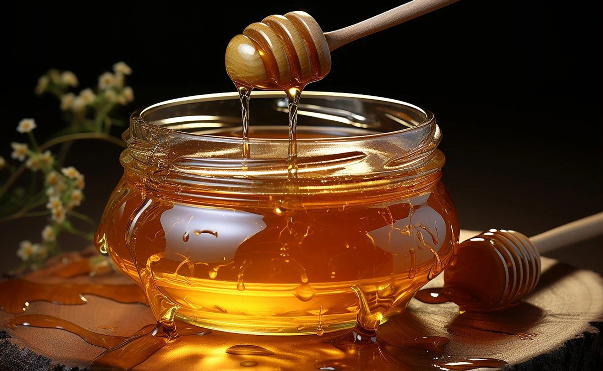 A honey jar with a wooden spoon and some honey